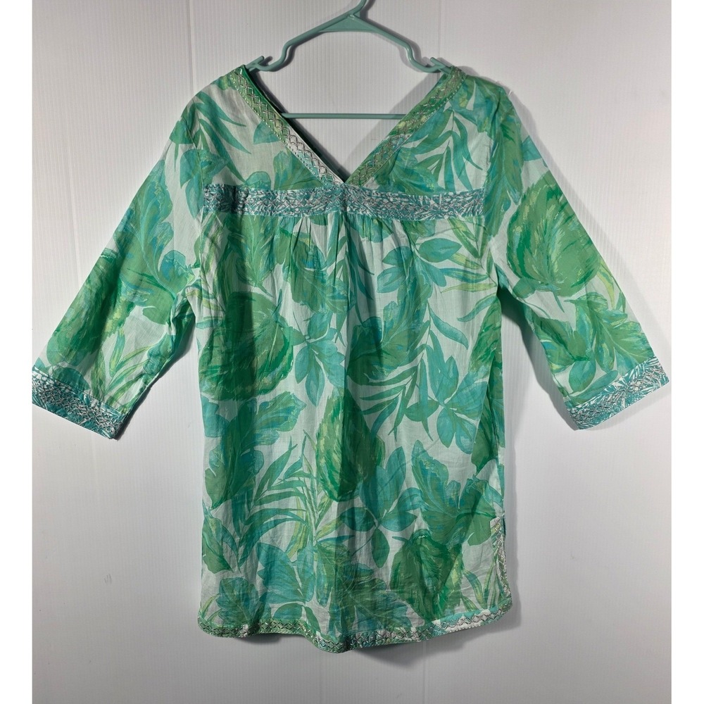 Christian Siriano New York Tropical Leaf Print Tunic Top Beaded Women L